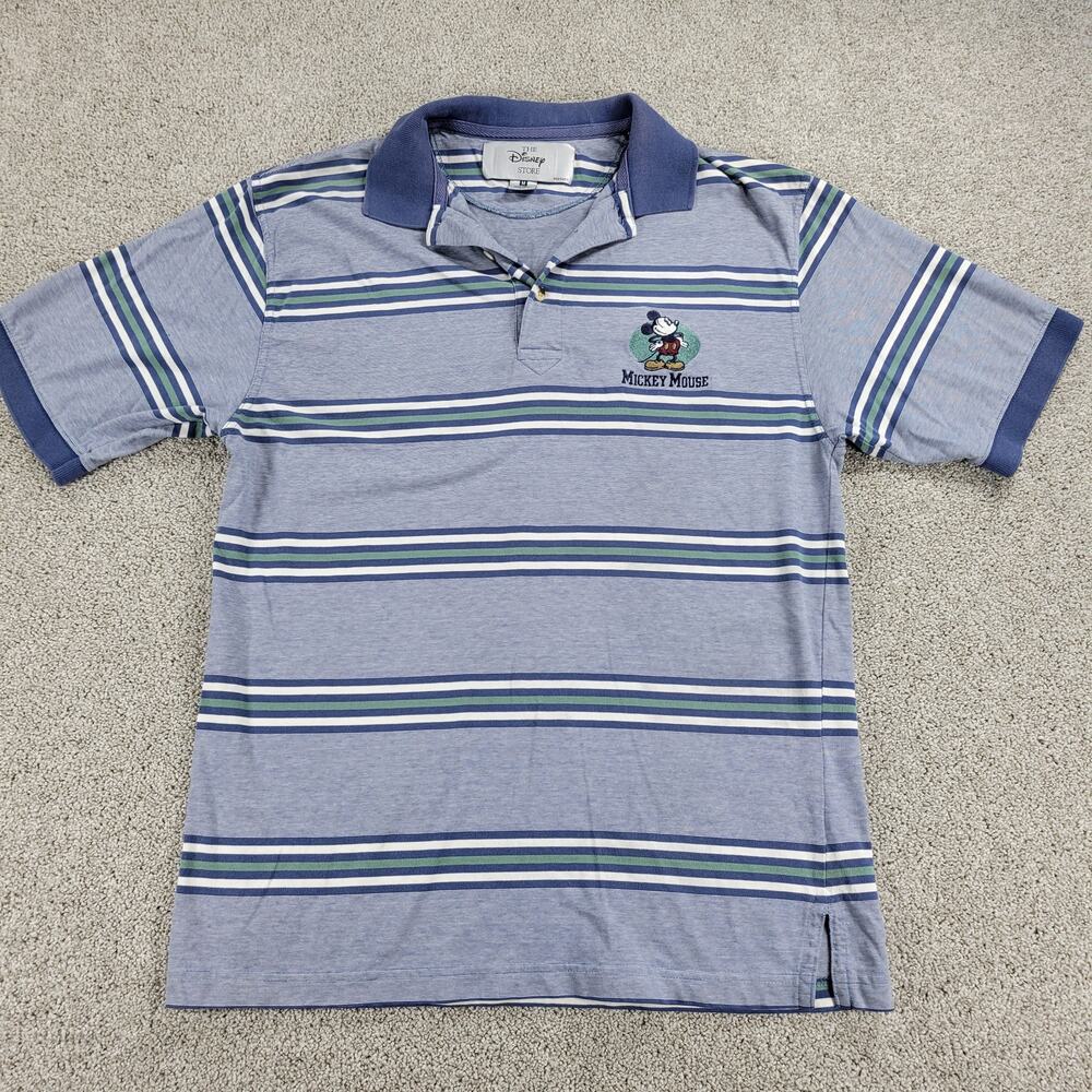 Vintage Disney Store Mens Polo Shirt Medium Blue Striped Mickey Mouse Cotton